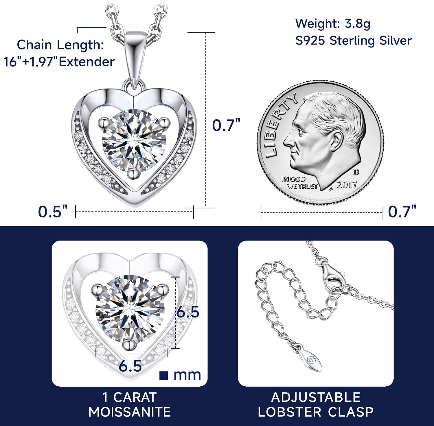 Detalle de MomentWish Damen-Halskette aus 925 Silber mit Herz-Anhänger und Moissaniten (1–2 Karat)