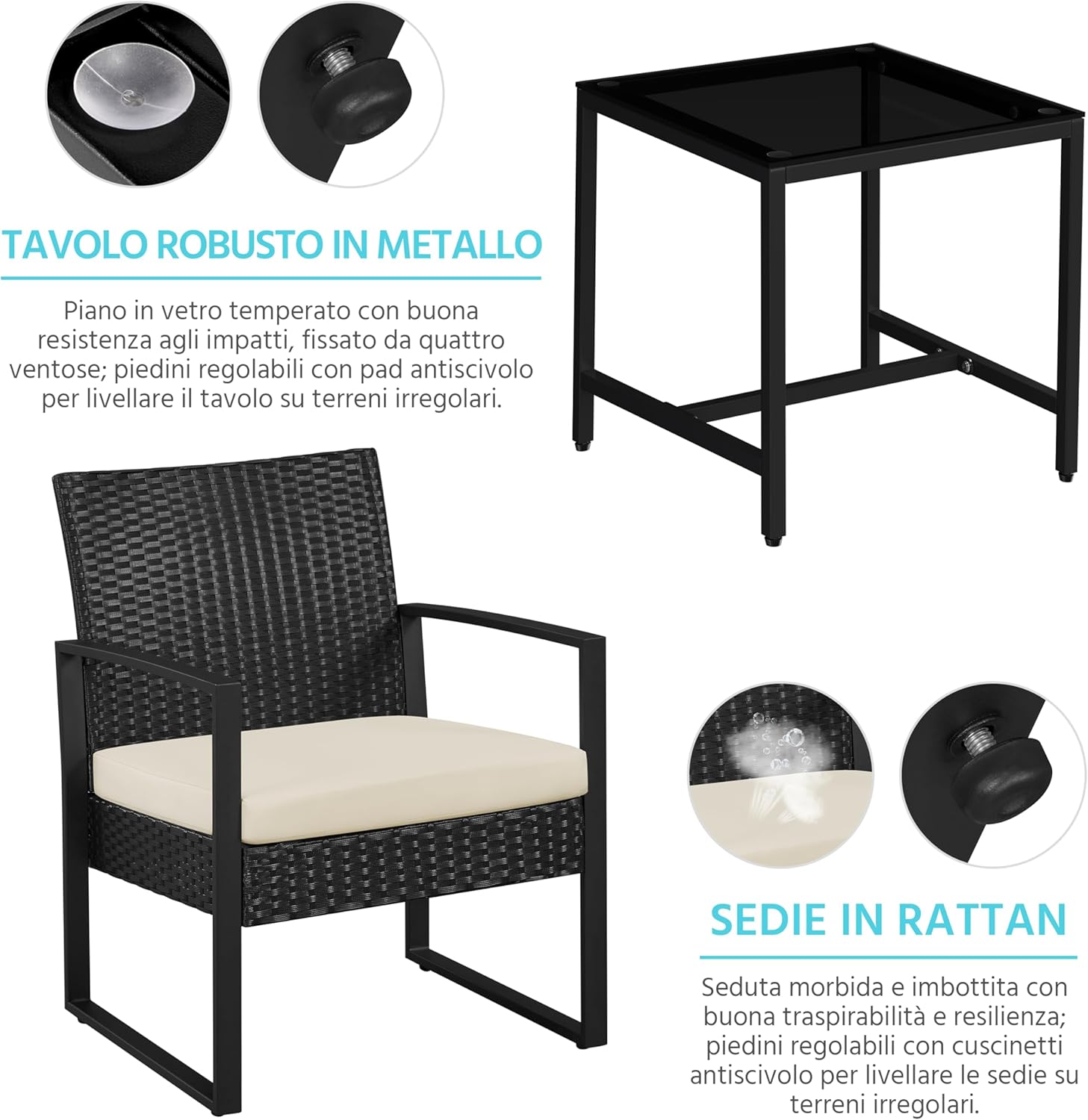 Thumbnail 5 de Yaheetech Set mobili da giardino in poly rattan con 2 sedie e tavolino da balcone, con cuscini (interno nero/beige)