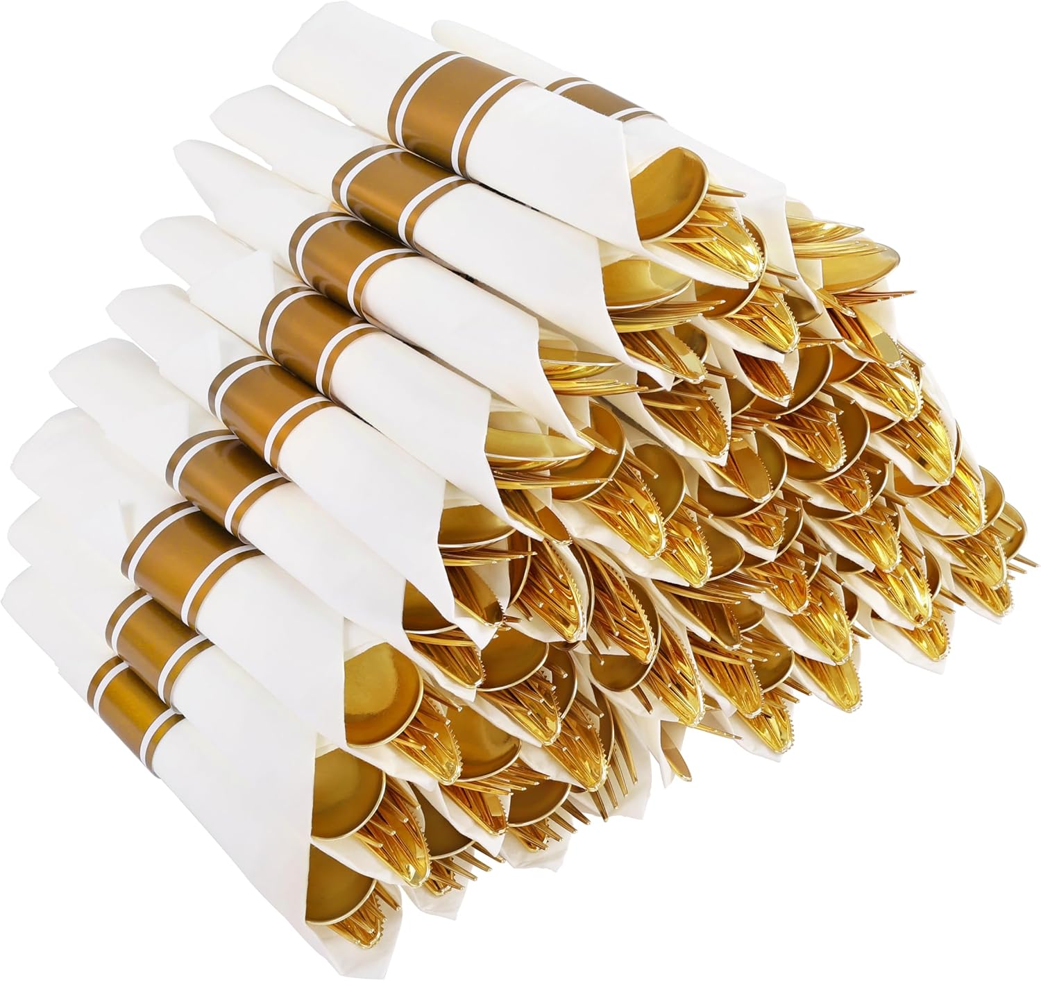 Detalle de Joyido 50Guests Pre-Rolled Gold Plastic Silverware Set (50 Forks, 50 Knives, 50 Spoons + Napkins) — Heavy-Duty Disposable Cutlery