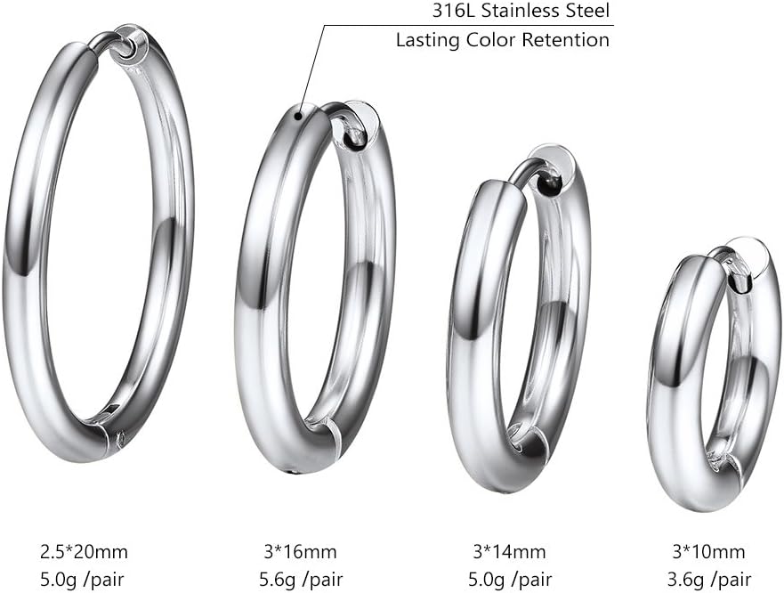 Thumbnail 3 de Lot de boucles d’oreilles PROSTEEL petits créoles unisex en acier inoxydable (4 paires) diamètres 10/14/16/20 mm