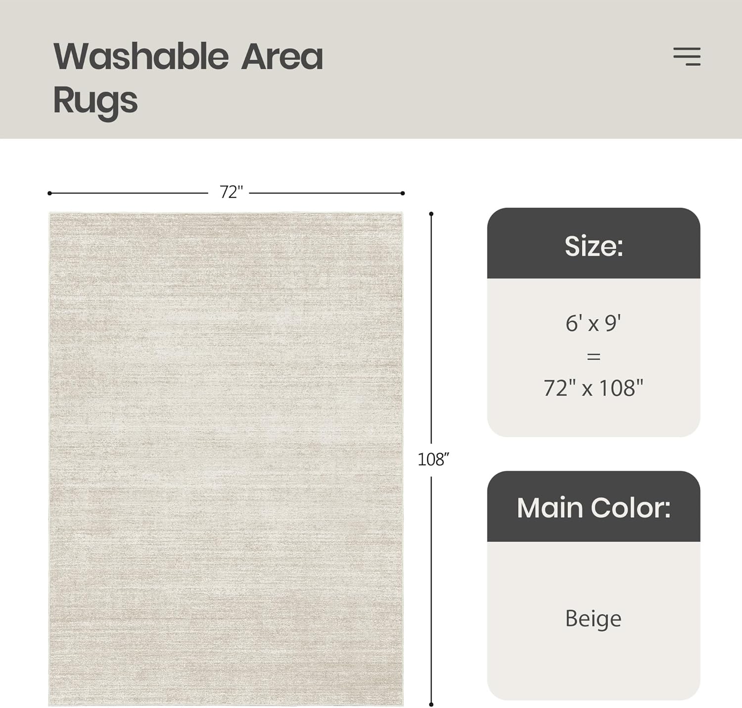 Thumbnail 1 de Valenrug Washable Rugs 6x9 (Beige) — Ultra-Thin Stain Resistant Machine Washable Area Rug, 0.25" Low Pile