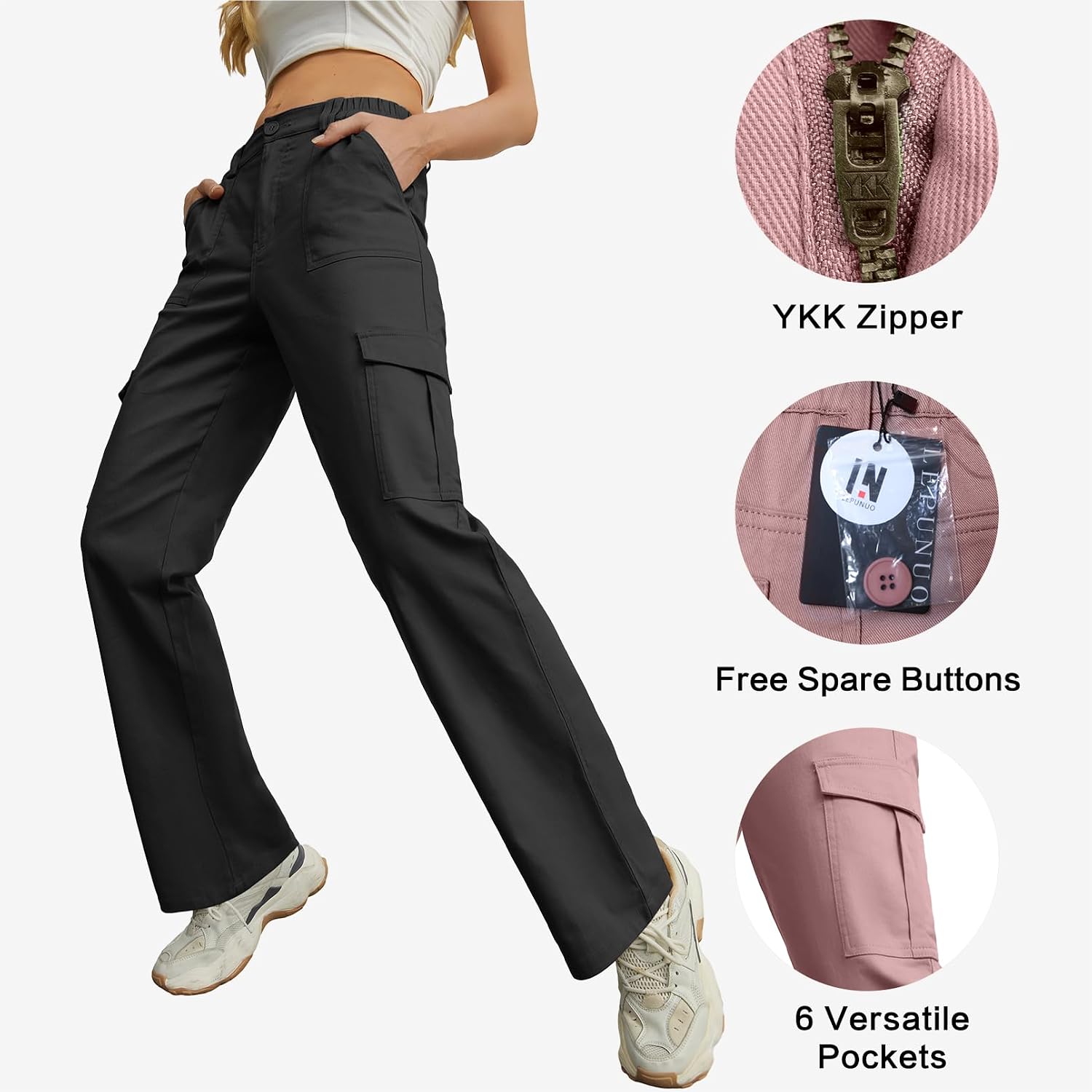 Detalle 1 de Lepunuo Cargo Pants for Women, High-Waisted Wide-Leg with 6 Pockets
