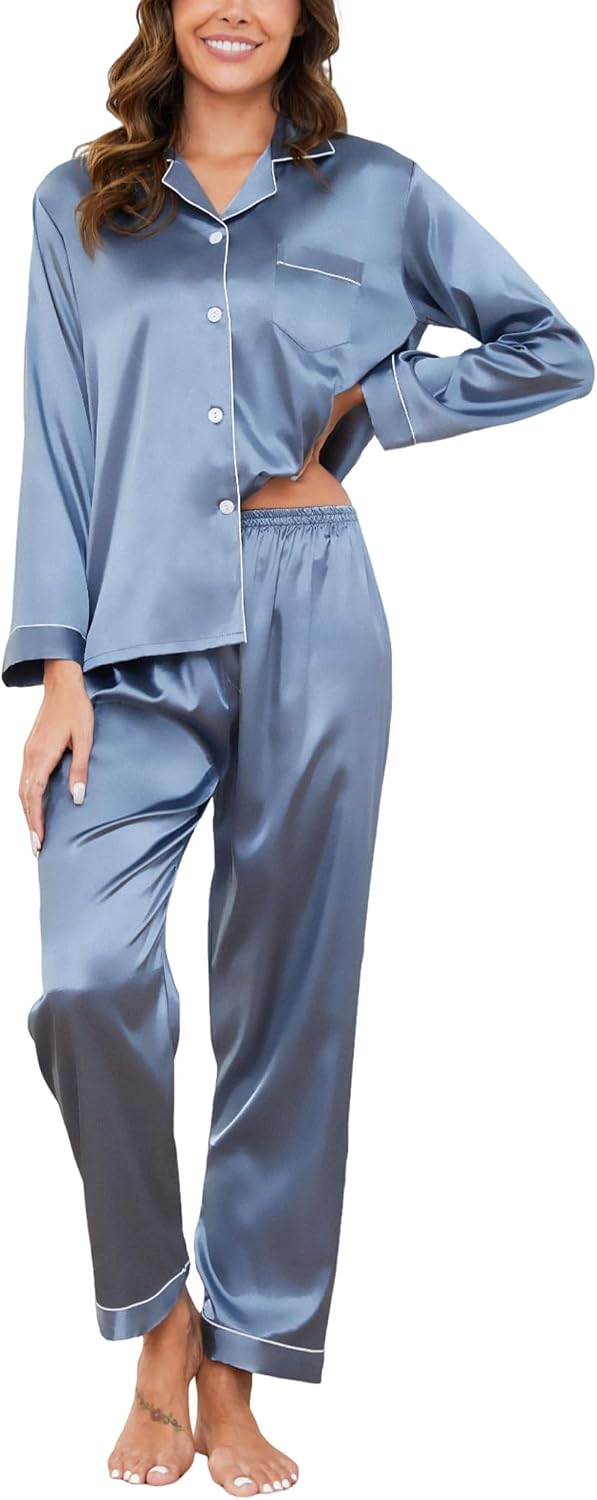 Detalle de Reliwel satijnen damespyjamaset met knoopsluiting, V-hals en elastische broek