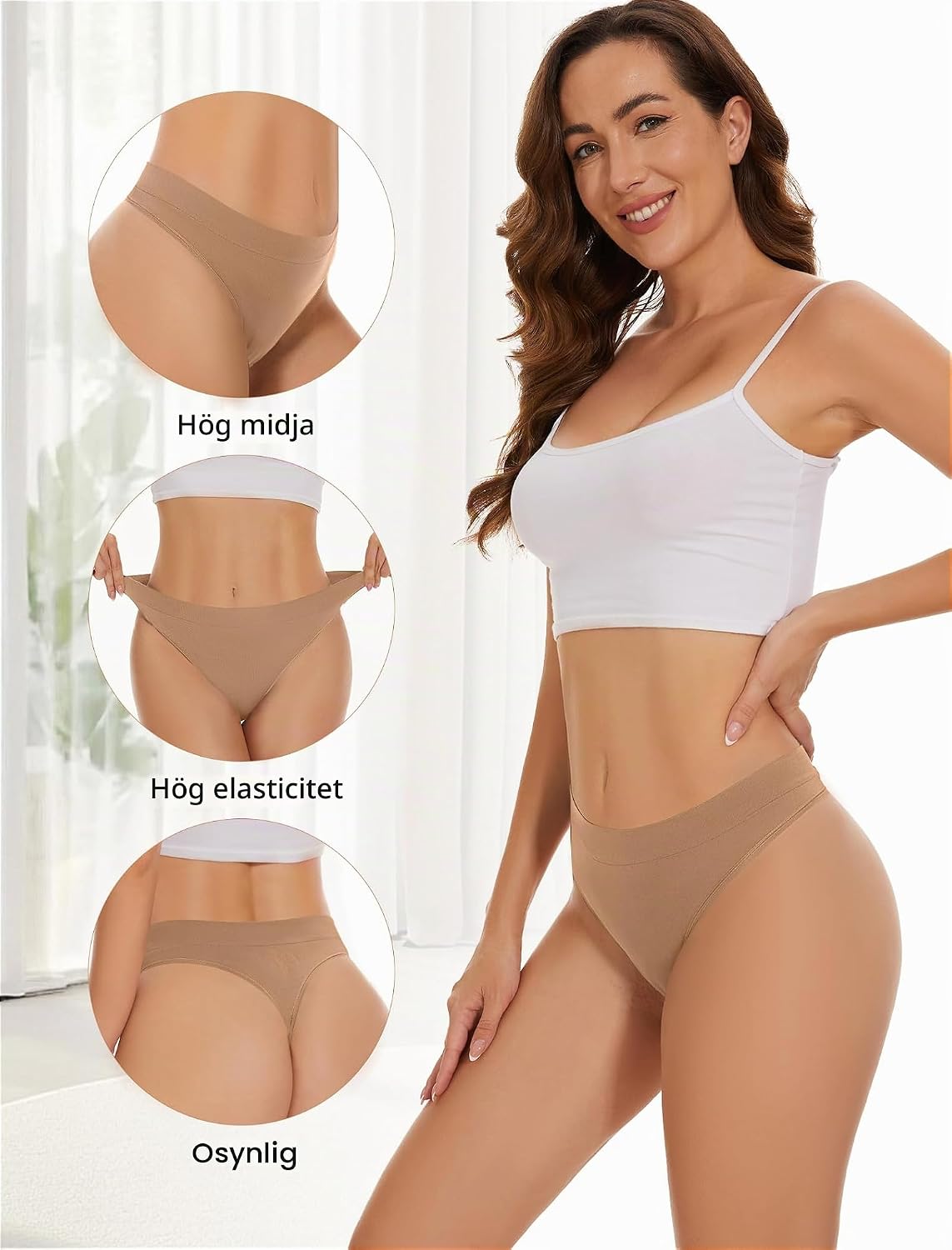 Detalle 2 de VOENXE 6088 sömlösa stringtrosor med hög midja, nude, 5-pack
