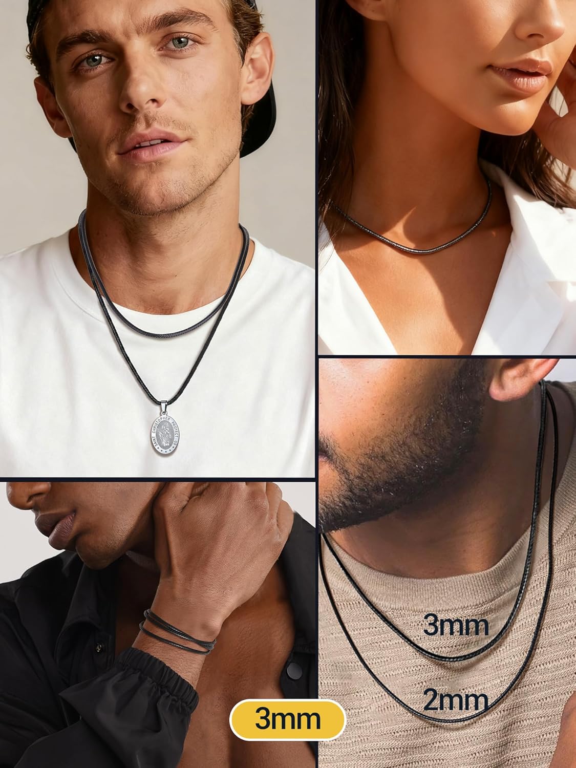 Thumbnail 6 de PROSTEEL Collana in Pelle Caucciu 3 mm, Cordina Nera Impermeabile con Chiusura in Acciaio Inox – 41–76 cm