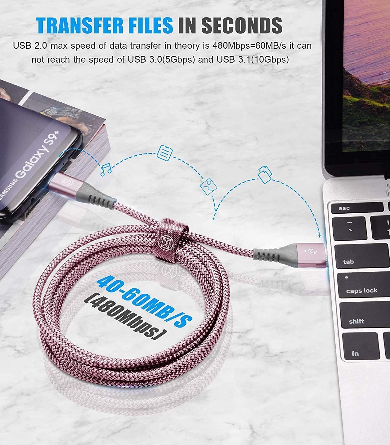 Detalle de sweguard USB-C-kabel, 2 x 1 m, gevlochten nylon, roze
