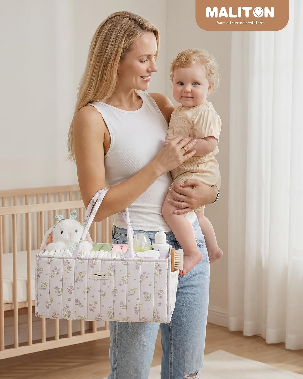 Thumbnail 5 de Maliton Nappy Caddy Organiser – Floral Baby Changing Caddy with Removable Dividers and Side Pockets