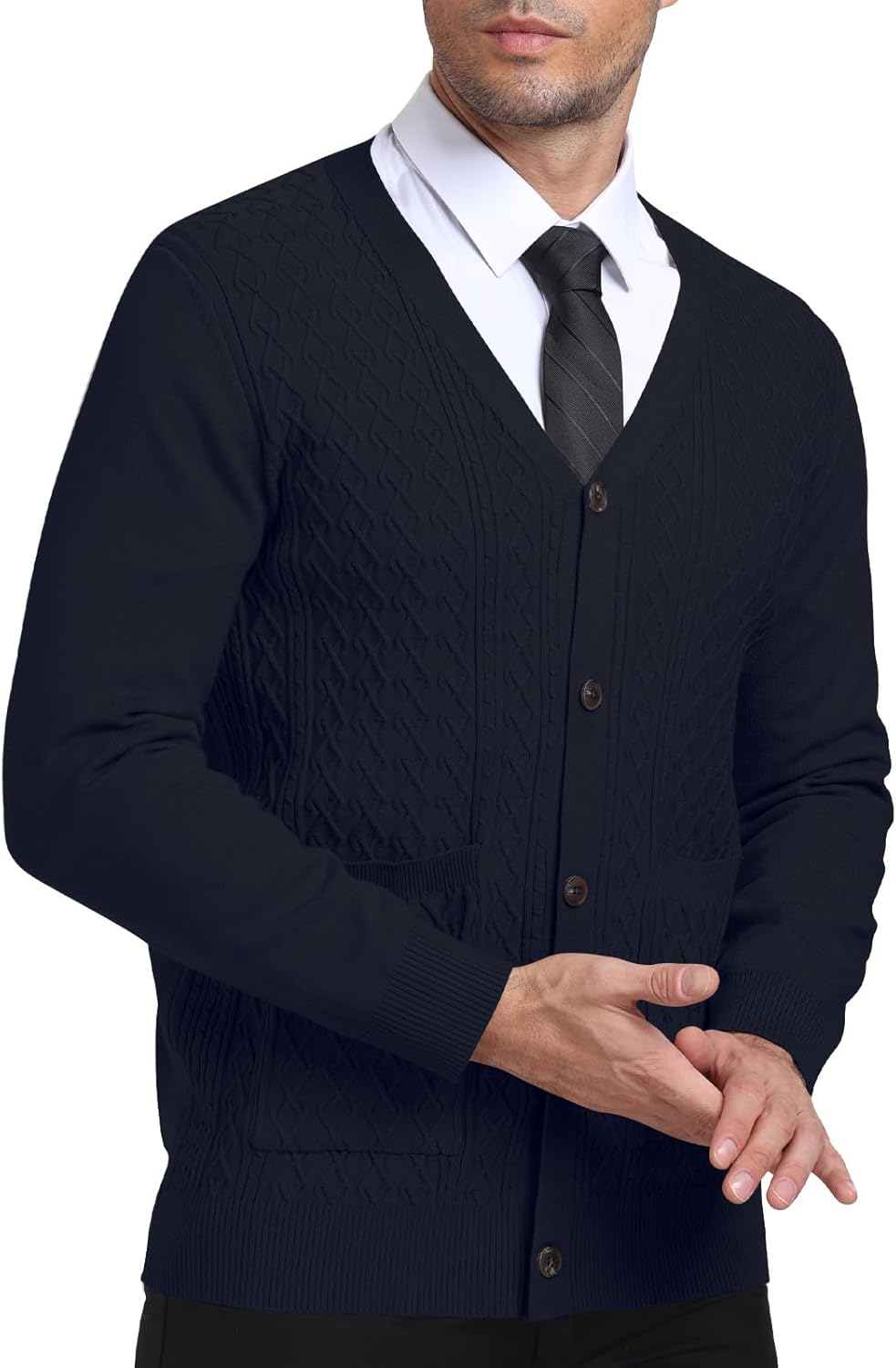 Detalle 2 de PCEAIIH Men's Cardigan Sweater Knit Jumper with V-Neck, Shawl Collar, Pockets and Long Sleeves
