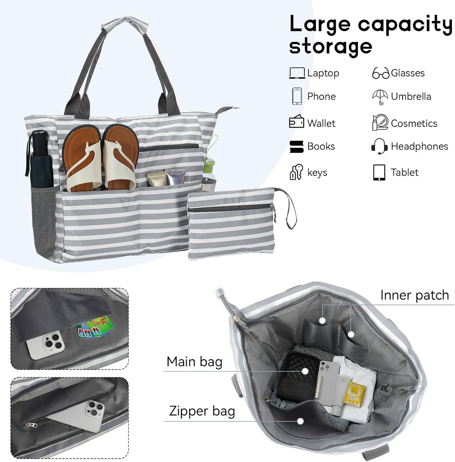 Detalle 2 de Wocharm Nylon Large Beach Bag for Women – Waterproof Sandproof Tote with Makeup Bag & Zipper Pockets