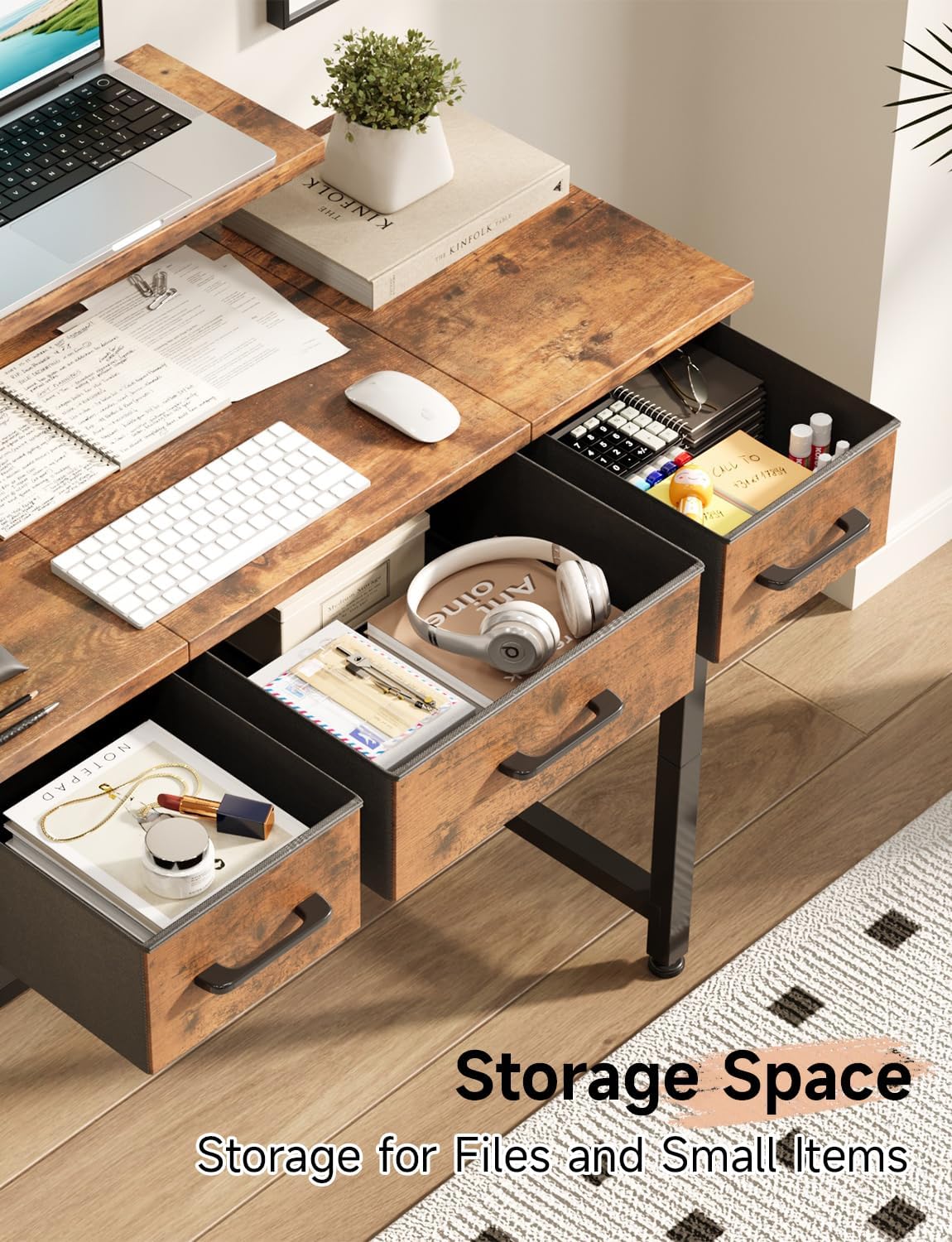 Thumbnail 4 de KitMent Small Desk with 3 Fabric Drawers, 76x36cm – Compact Study/Vanity Desk with Adjustable Monitor Stand