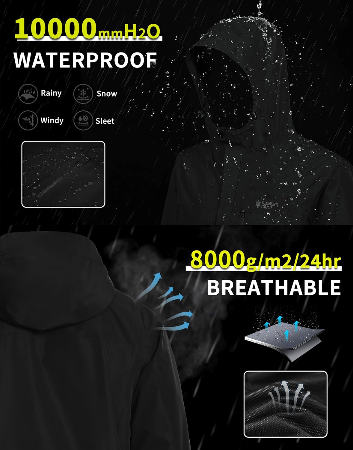 Detalle de Pioneer Camp Herren Regenjacke – wasserdicht & atmungsaktiv mit Kapuze, 4 Taschen