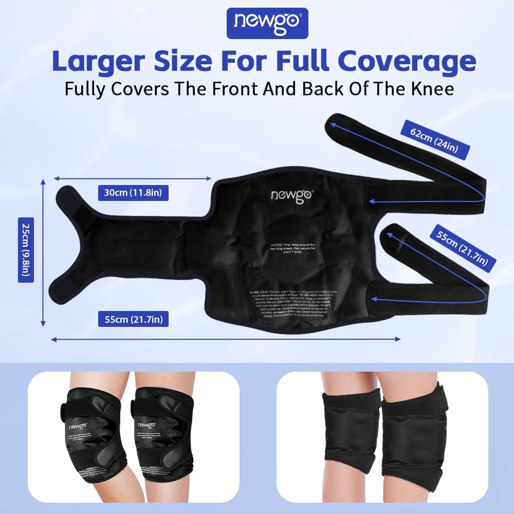 Detalle de NEWGO reusable knee ice pack wrap (2-pack) for post-surgery pain relief, swelling and bruising