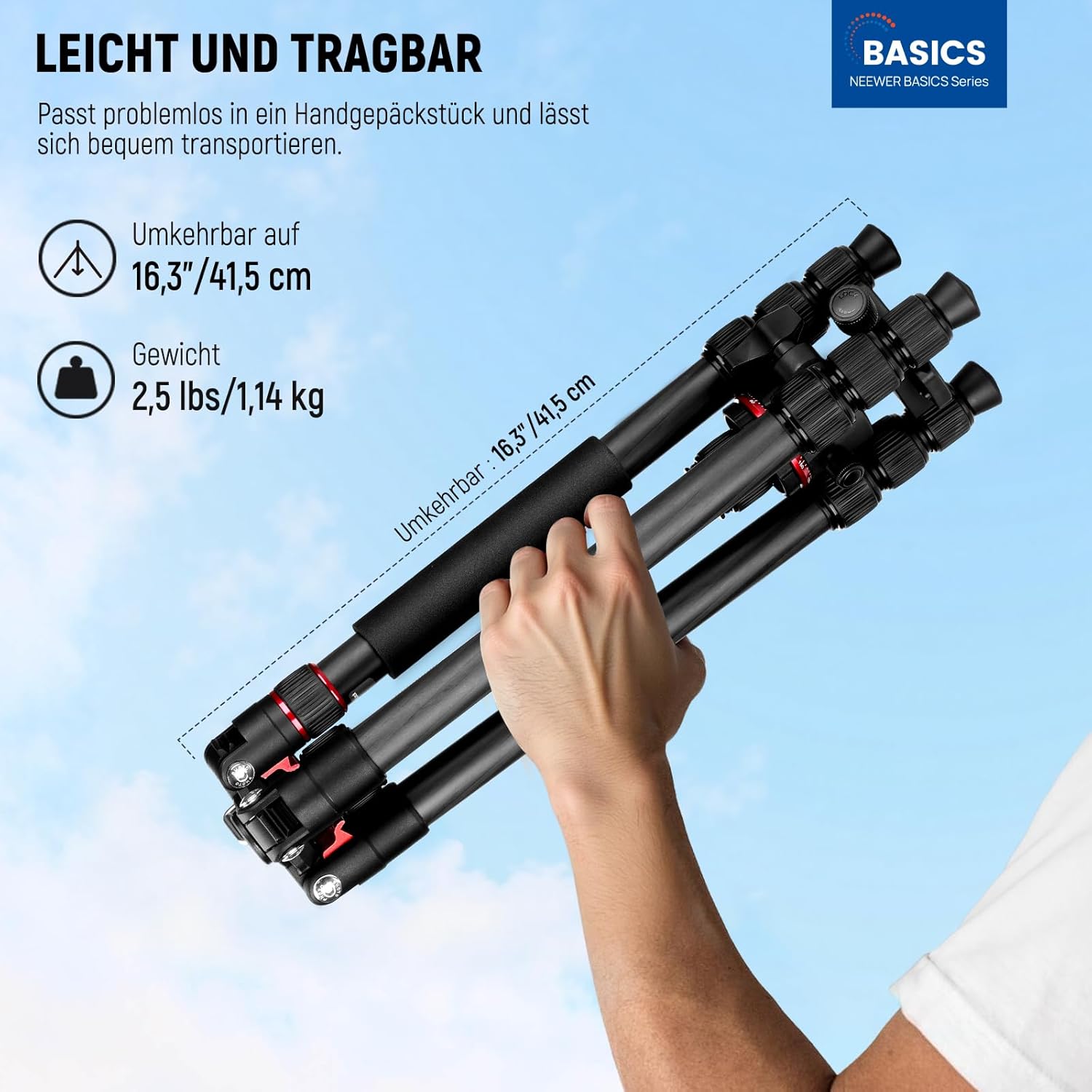 Detalle 2 de NEEWER Basics Carbonfaser Reisestativ Einbeinstativ 64" – kompakt, leicht, kompatibel mit Smartphone und DSLR