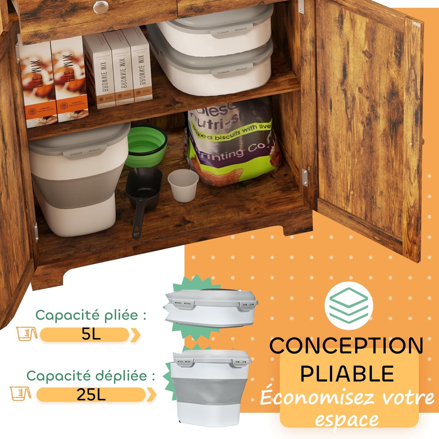 Detalle de PawHut conteneur à croquettes pliable 25L plié 5L, hermétique sur roulettes (gris)