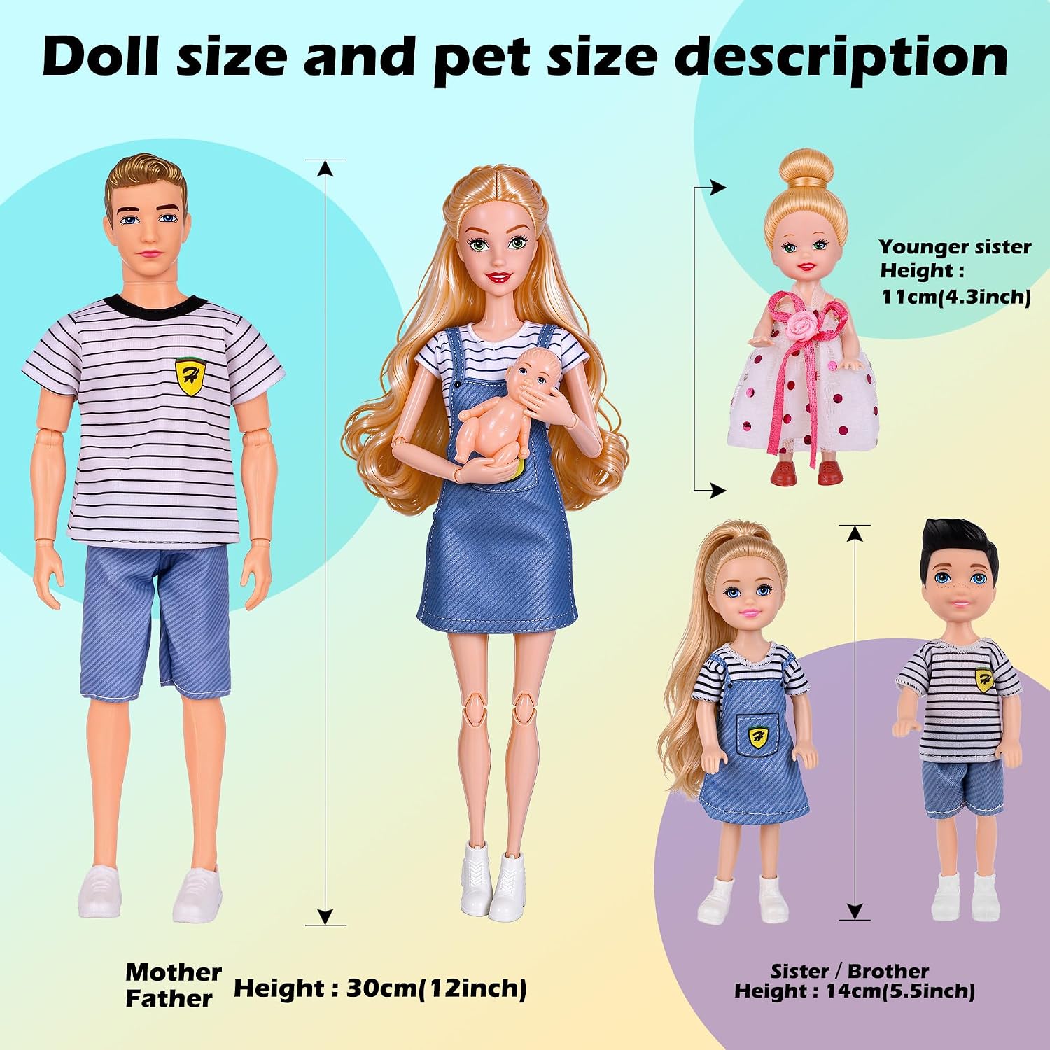 Detalle de dollbie DBLD11 Family Doll Playset with Baby Stroller, Kids and Pets