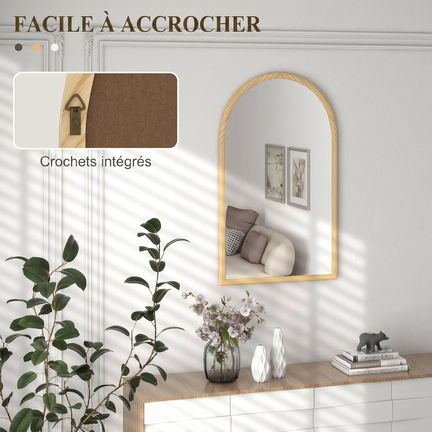 Detalle de HOMCOM Miroir Mural Arche 110 x 65 cm – Cadre en BoisNaturel