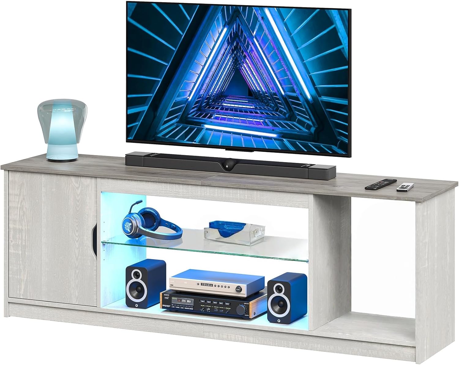 Bestier mobile TV basso per TV fino a 65 pollici con luci LED RGB e ripiani in vetro regolabili