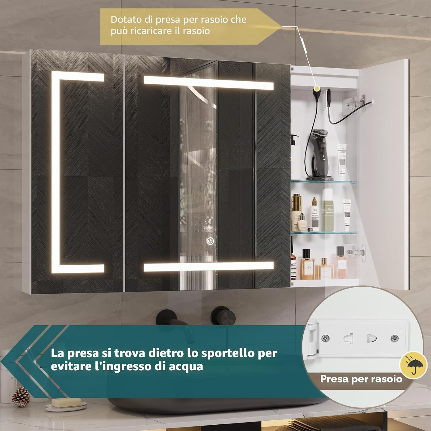 Detalle de DICTAC Specchio Bagno Contenitore con Luce e Presa, 100x60x13,5 cm – Armadietto a Specchio con Illuminazione LED