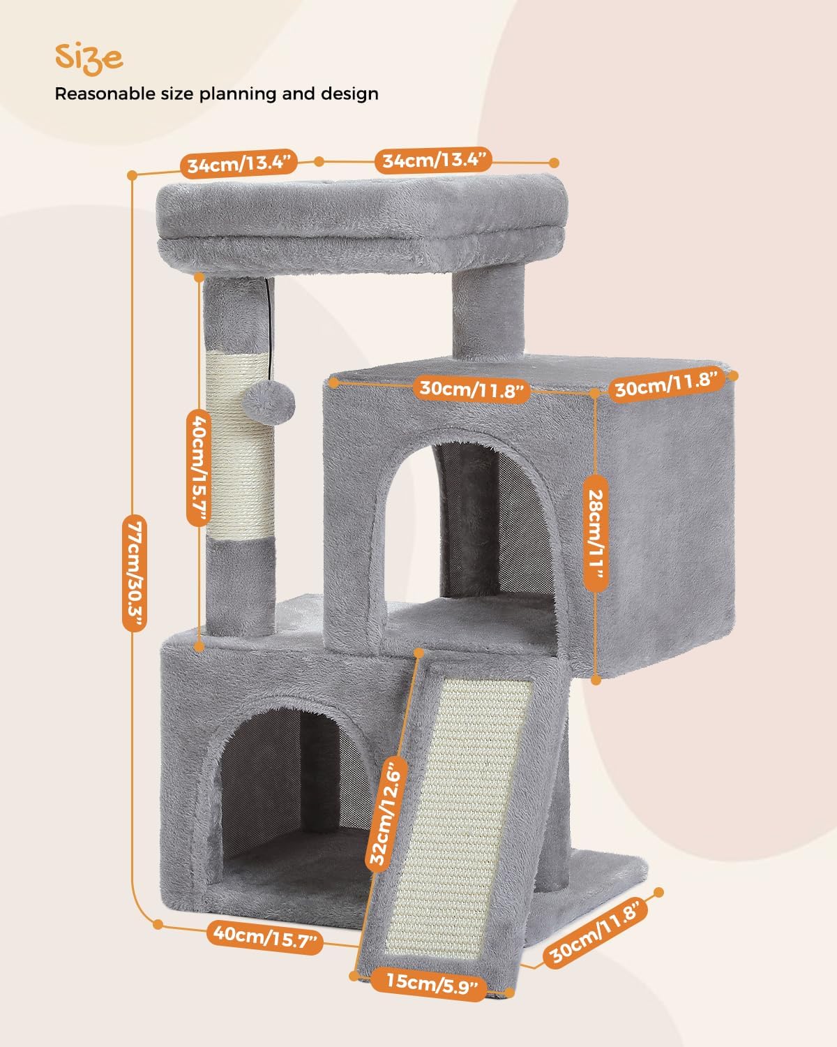 Detalle 2 de PETEPELA Cat Tree 77cm with Dual Condos – Indoor Cat Tower with Removable Perch, Ramp and Scratching Posts (Grey)