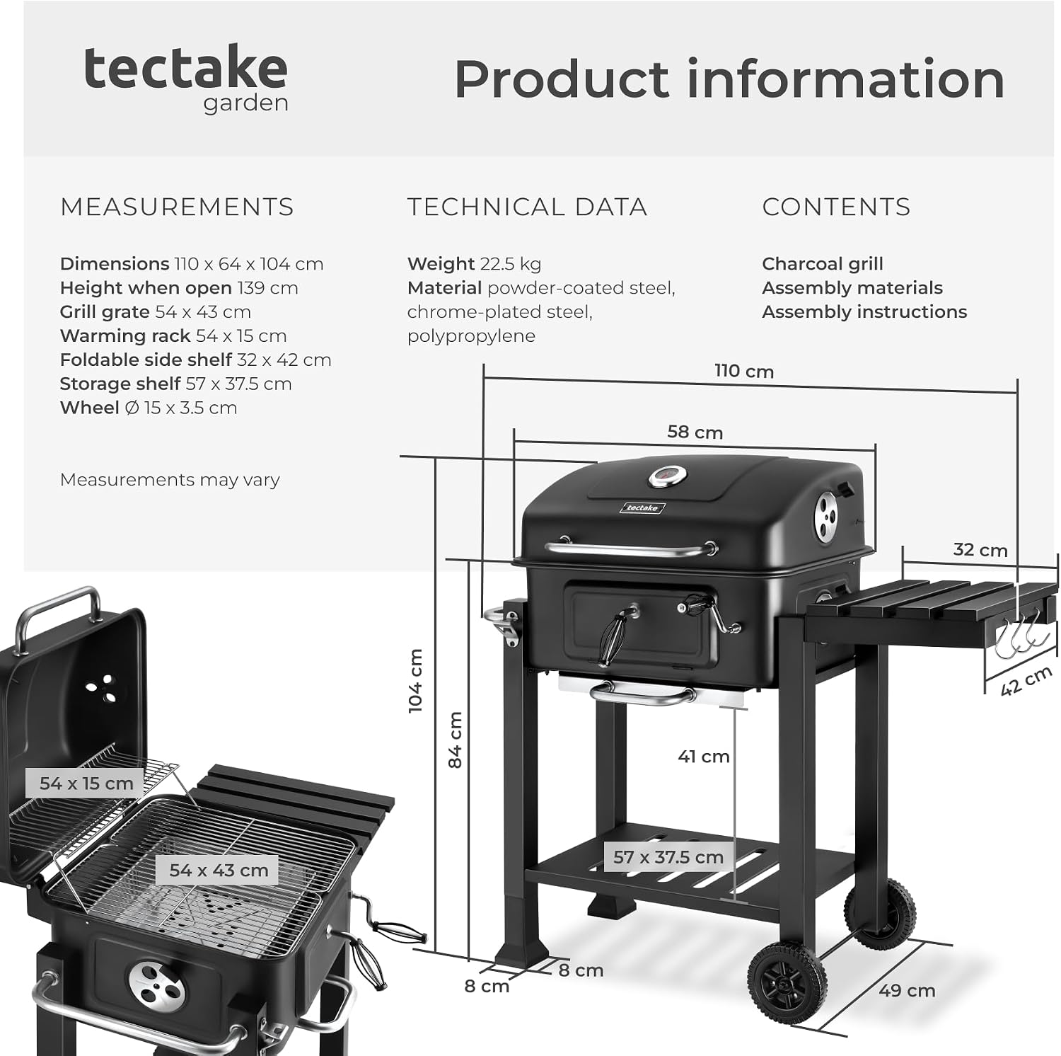 Detalle 2 de tectake 406663 Florian kolgrill med termometer, värmeställ och justerbar kolbricka