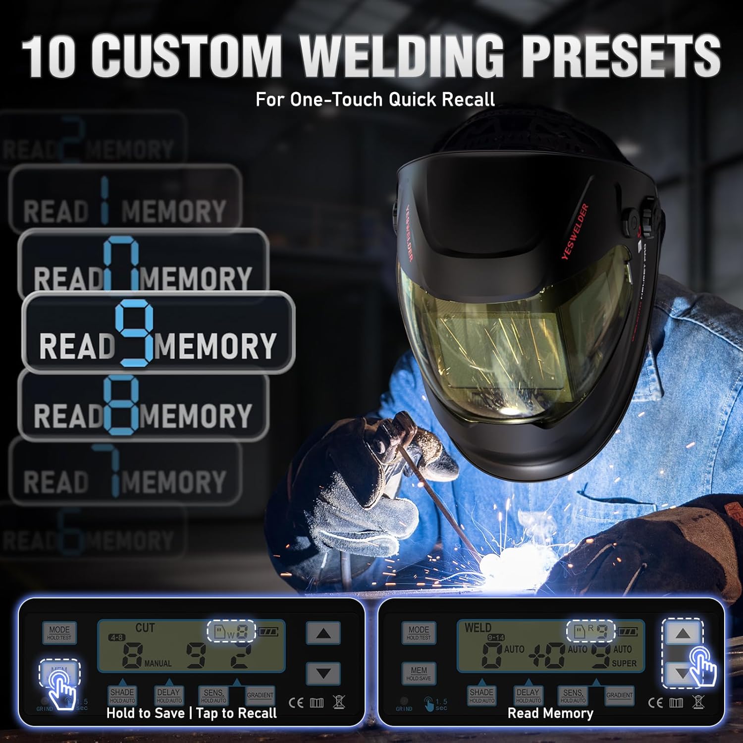Detalle de YESWELDER Intelligent Auto-Adjustment Auto-Darkening Welding Helmet with 180° Panoramic View
