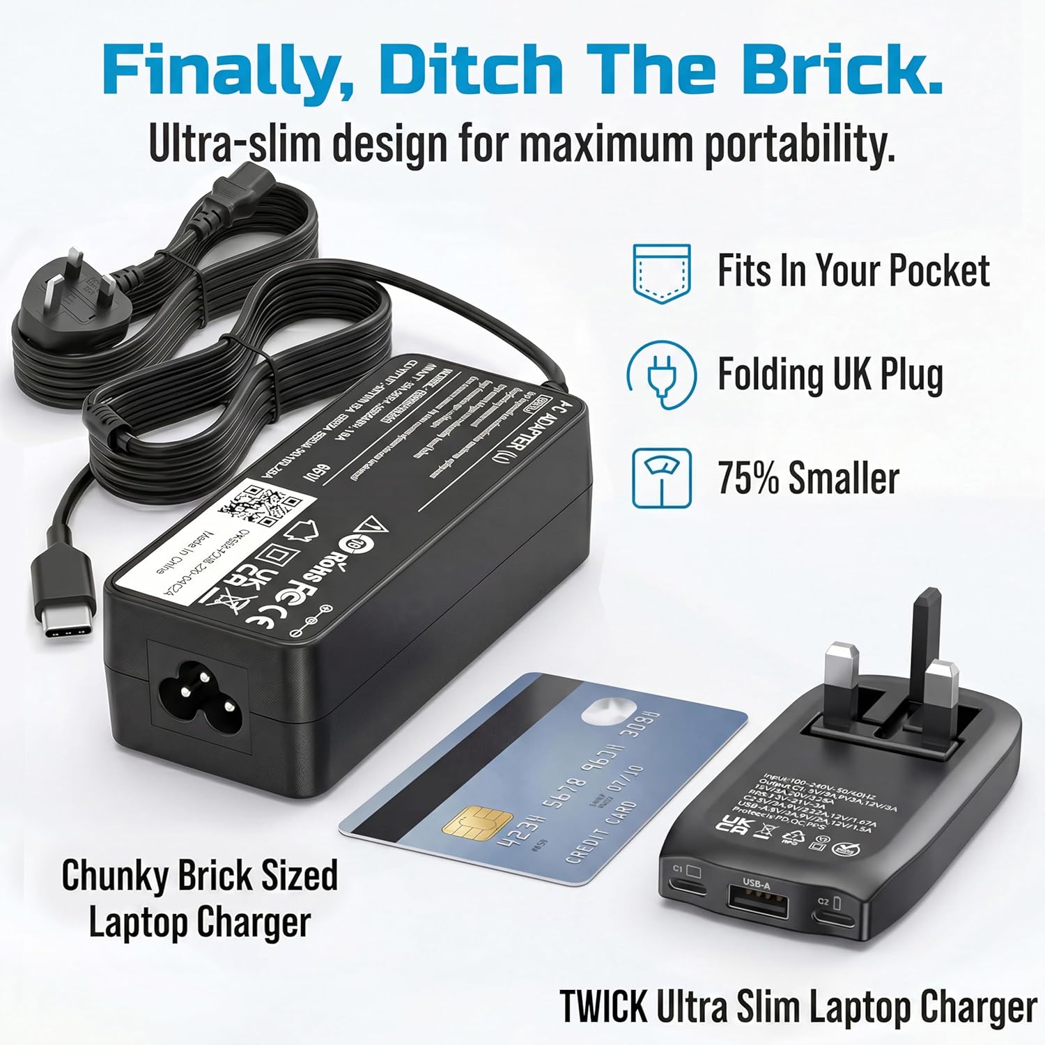 Detalle de TWICK 65W Ultra-Slim GaN Charger with 2x USB-C & USB-A (UK Plug)