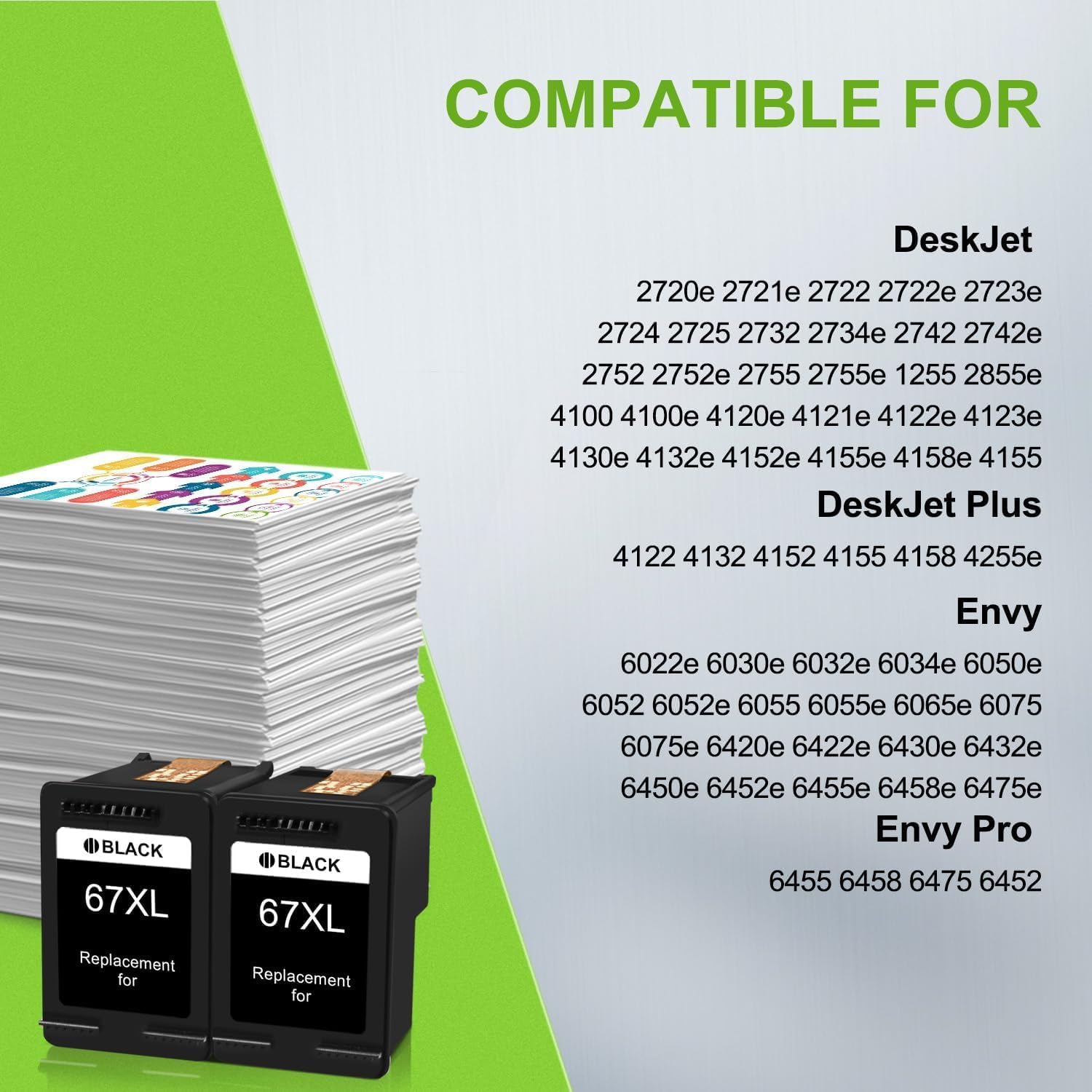 Detalle 2 de OULADUN 67XL Black Ink Cartridge, Remanufactured 2-Pack for HP Printers