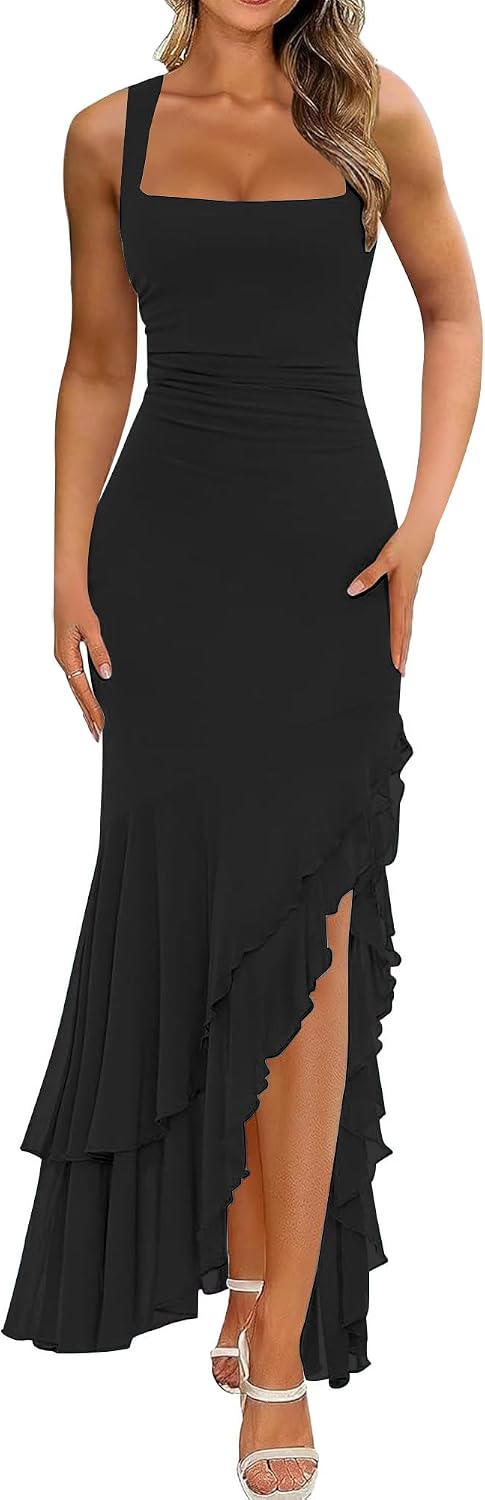 Detalle de BORIFLORS Women's Elegant Bodycon Ruched Maxi Cocktail Dress