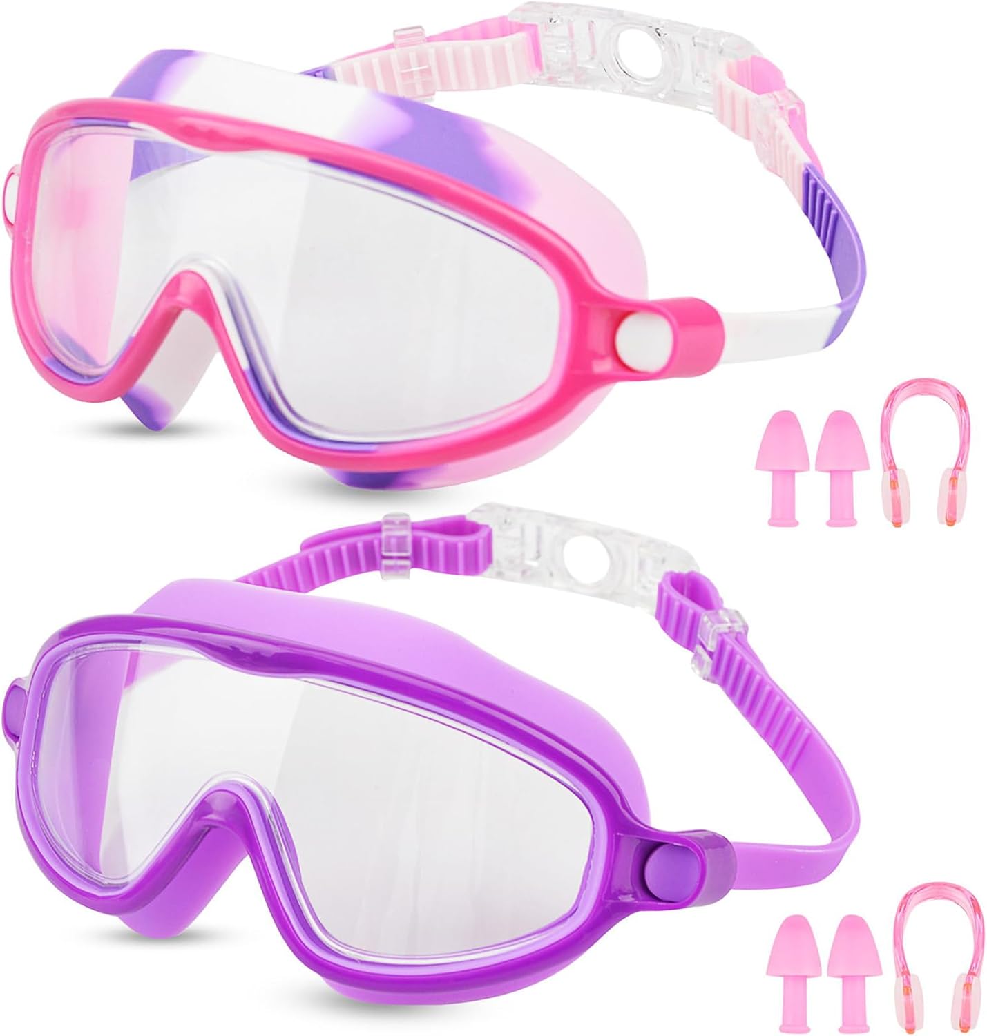 Moseem Kinder-Schwimmbrille 2er-Set, 3–15 Jahre, UV-Schutz, Anti-Nebel, Kein Auslaufen, Verstellbar, Nasenklammern & Ohrstöpsel