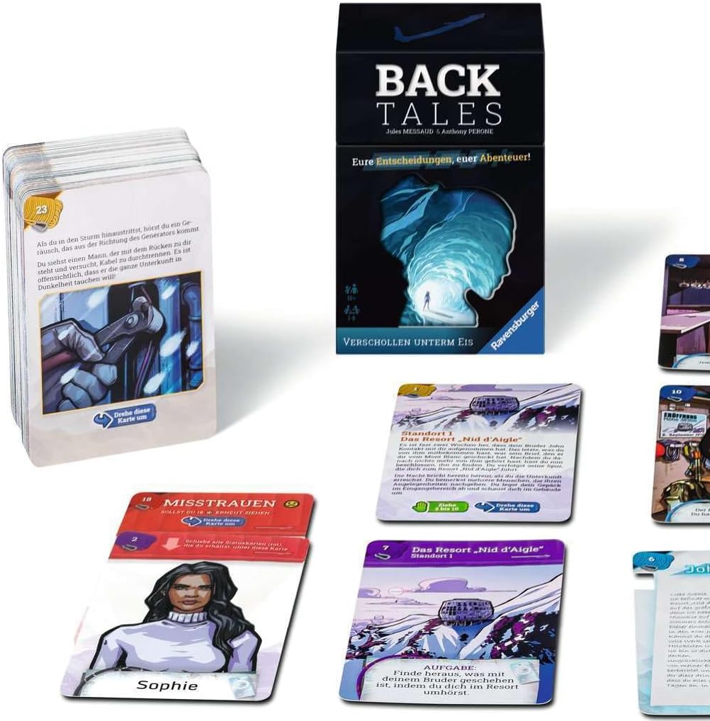 Detalle 2 de Ravensburger 24849 Back Tales – Verschollen unter dem Eis: Kooperatives Mystery-Abenteuer für 1–6 Spieler ab 10 Jahren