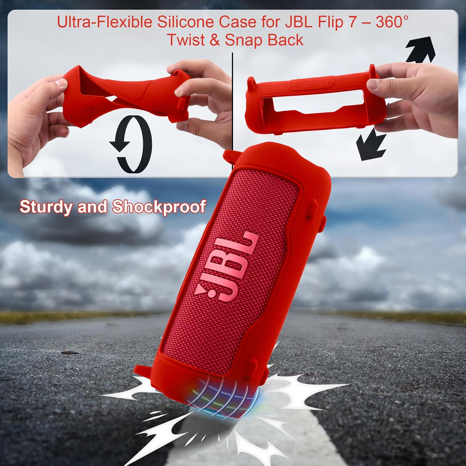 Detalle de Khanka Silicone Protective Case for JBL Flip 7 with Detachable Shoulder Strap – Red