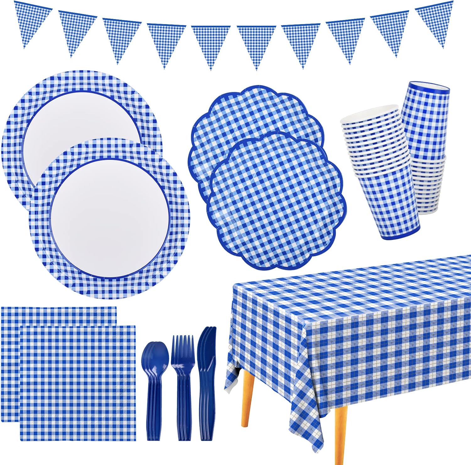 Imagen de Gatherfun Gingham Blue and White Party Supplies — Disposable 25-Person Tableware Set with Tablecloth and Banner en OfertitasTOP