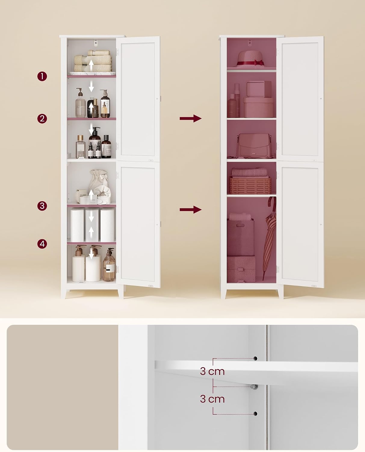 Detalle de VASAGLE BBC764WH01 bathroom cabinet with full-length mirror and adjustable shelves