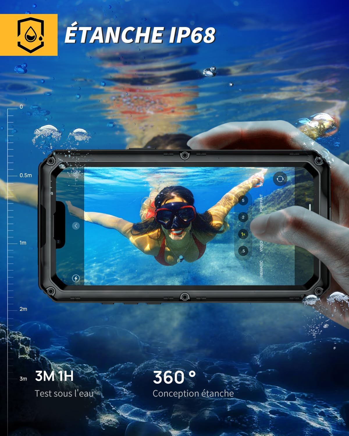 Thumbnail 1 de Coque Lanhiem Métal militaire antichoc IP68 avec écran intégré pour iPhone 17e / 16e (noir)