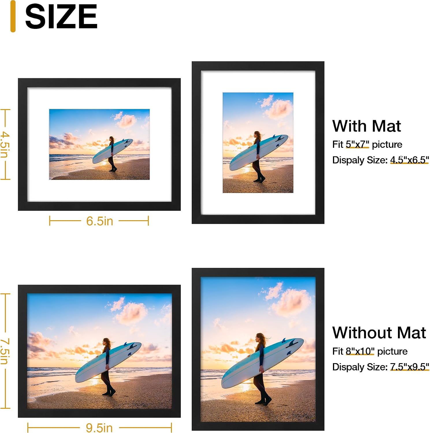 Thumbnail 2 de decorUhome 8x10 Picture Frame (Black) for 5x7 Photos with Mat or 8x10 Without Mat, 1 Pack