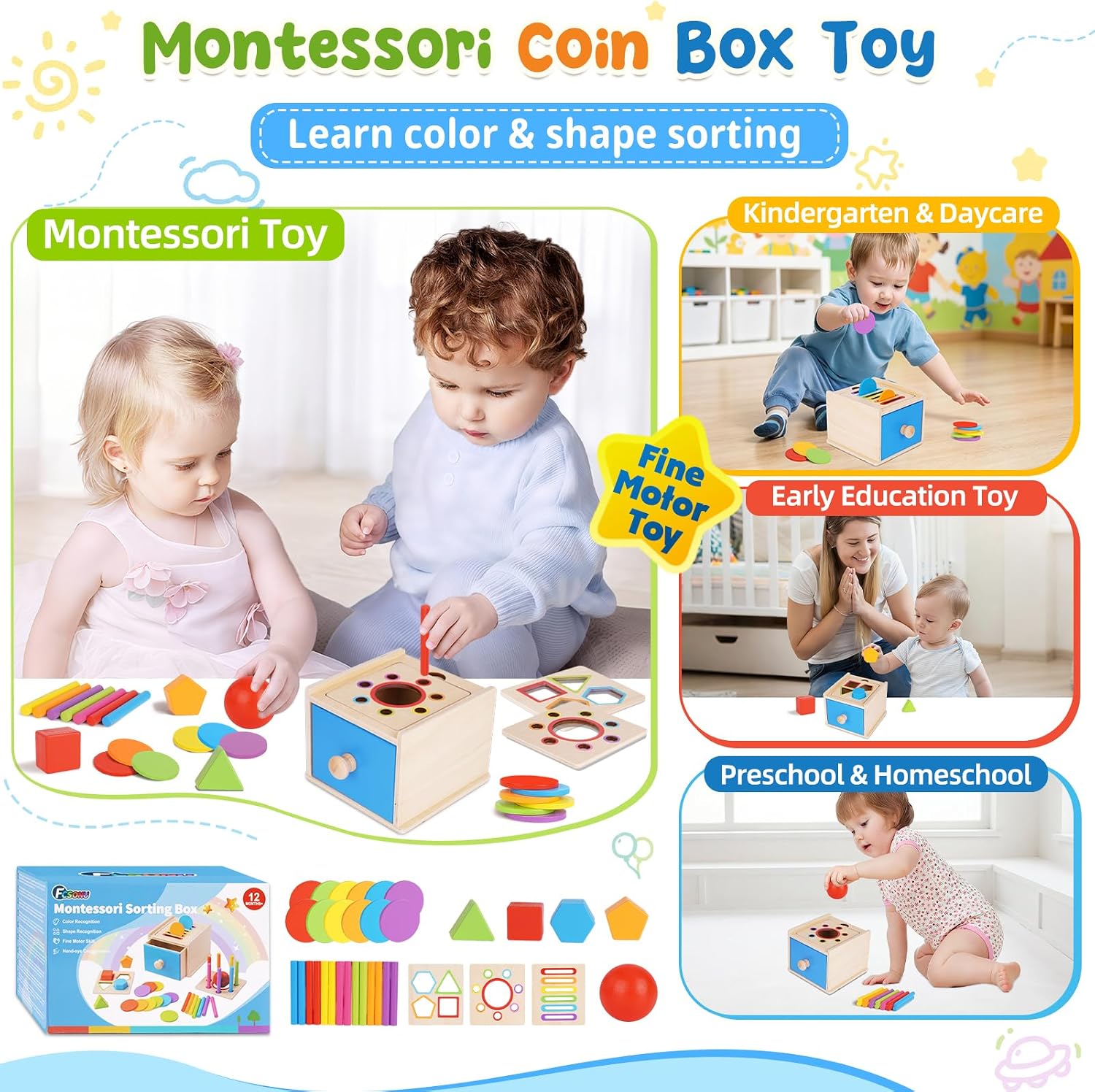 Thumbnail 5 de FCSONU Wooden Shape-Sorting Toy with 3 Activity Lids and 31 Blocks