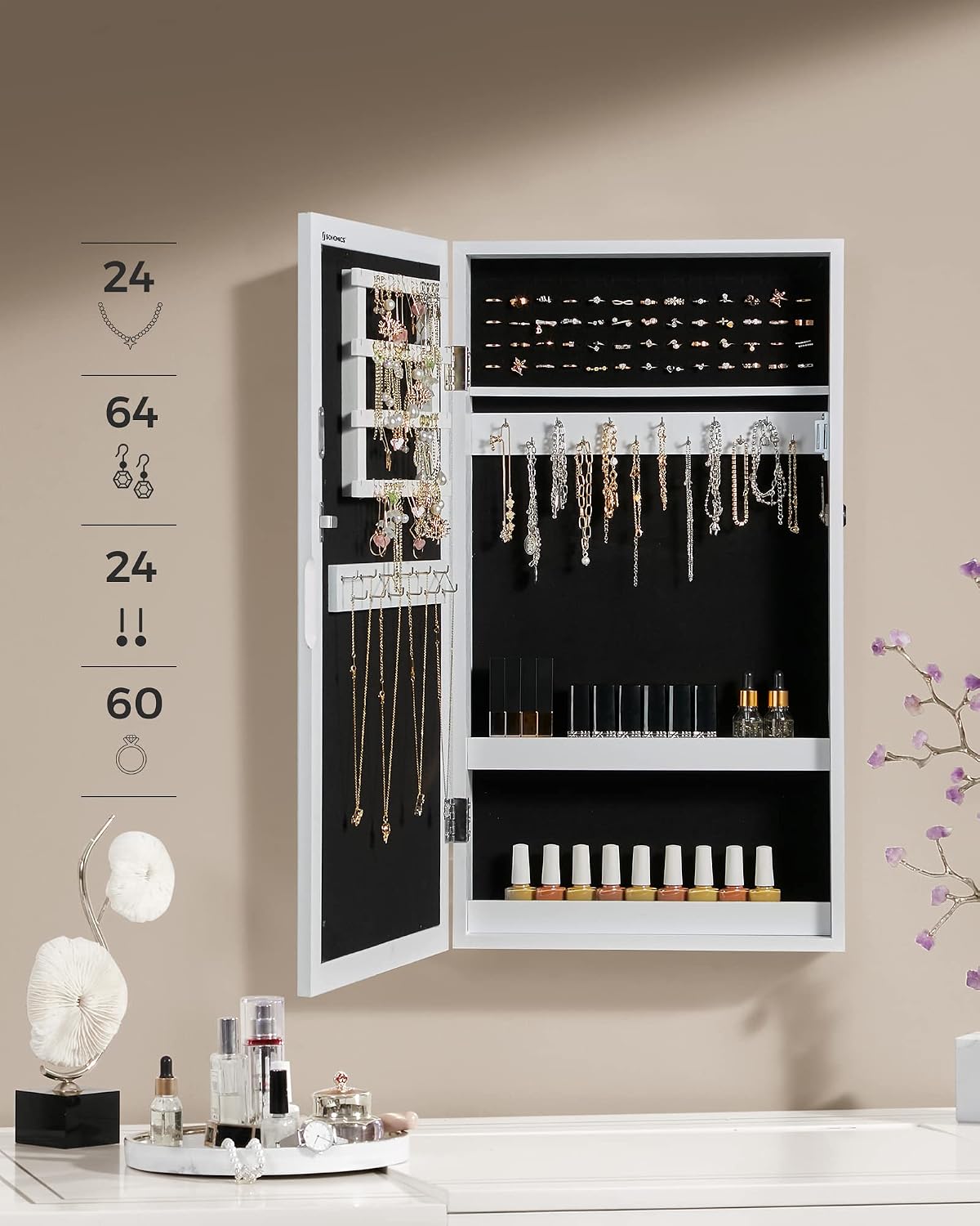 Thumbnail 5 de SONGMICS Armoire à Bijoux Murale JBC51W – rangement verrouillable avec miroir et intérieur noir