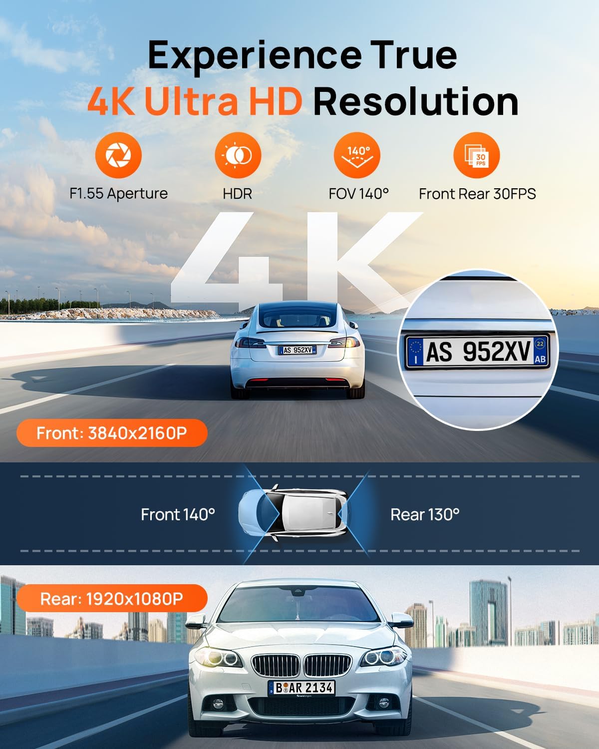 Thumbnail 1 de 70mai A800SE Dual Dash Cam (Front 4K + Rear 1080P) with GPS, WiFi, ADAS and 128GB microSD