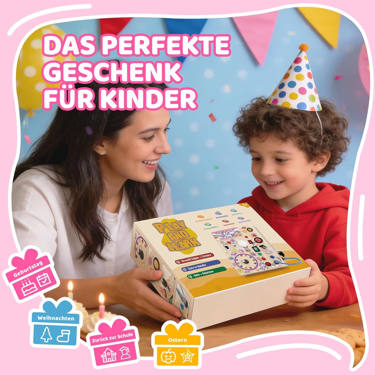 Detalle de Konijiwa Einhorn Montessori Busy Board – Holzspielzeug mit 10 Schaltern und 23 LEDs, ab 1 Jahr