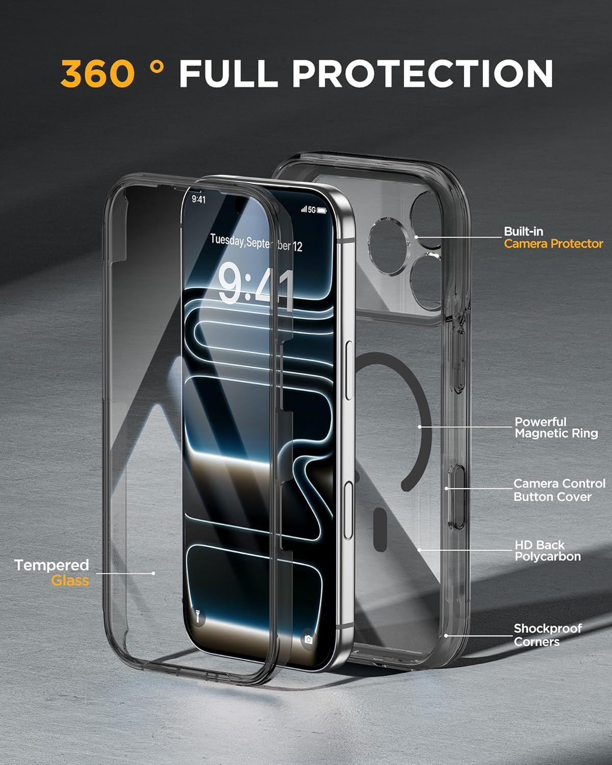 Thumbnail 2 de Miracase iPhone 17 Pro 6.3" Case with Built-in Tempered Glass & MagSafe Protection (Clear Black)