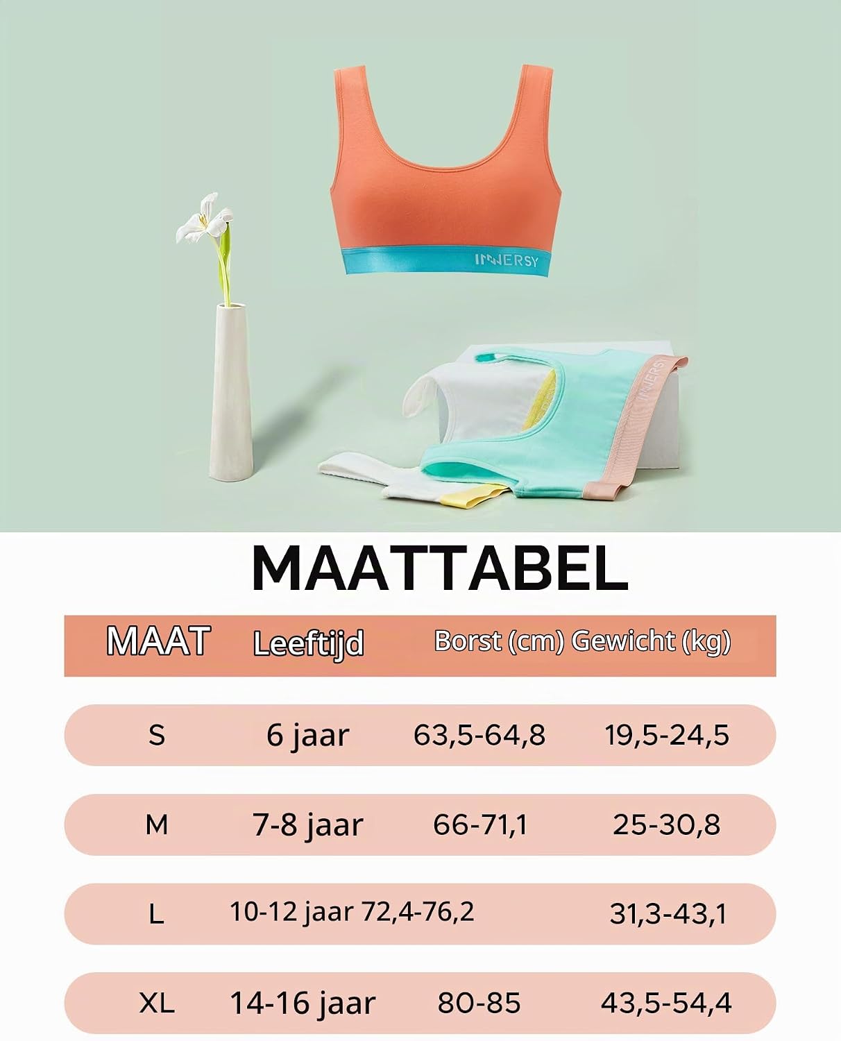 Detalle 2 de INNERSY katoenen sportbeha voor meisjes, 3-pack zonder beugel