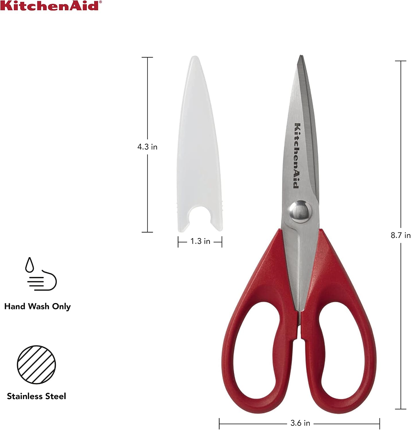 Detalle de KitchenAid KE351OHERA keukenschaar van roestvrij staal, 22 cm, rood