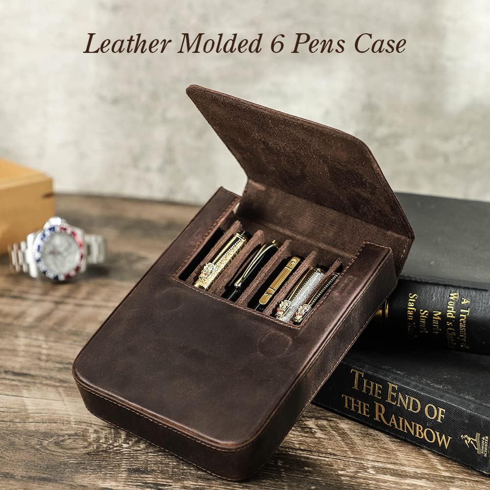 Detalle 2 de Hiram leather pen box for 6 pens with hidden magnetic snap closure (coffee)