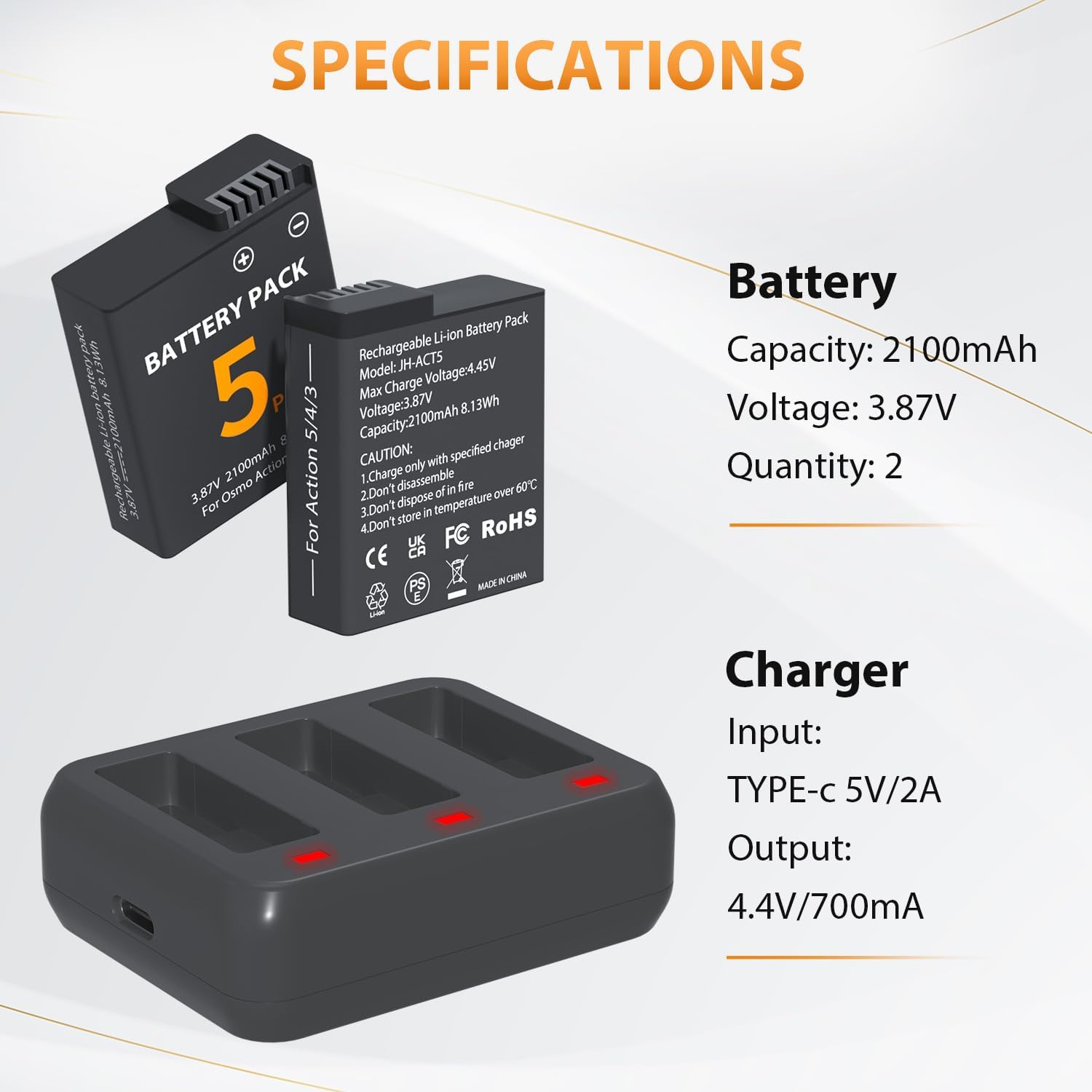 Detalle de LP Osmo Action 5 Pro Battery Charger Pack: 2x 2100mAh Replacements for DJI Osmo Action 3/4/5 Pro