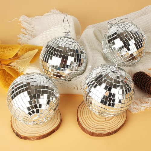 Detalle de DUBUOZA 4er-Set Discokugel 10 cm Silber – Spiegelkugeln für Hochzeit, Weihnachten, Party-Deko