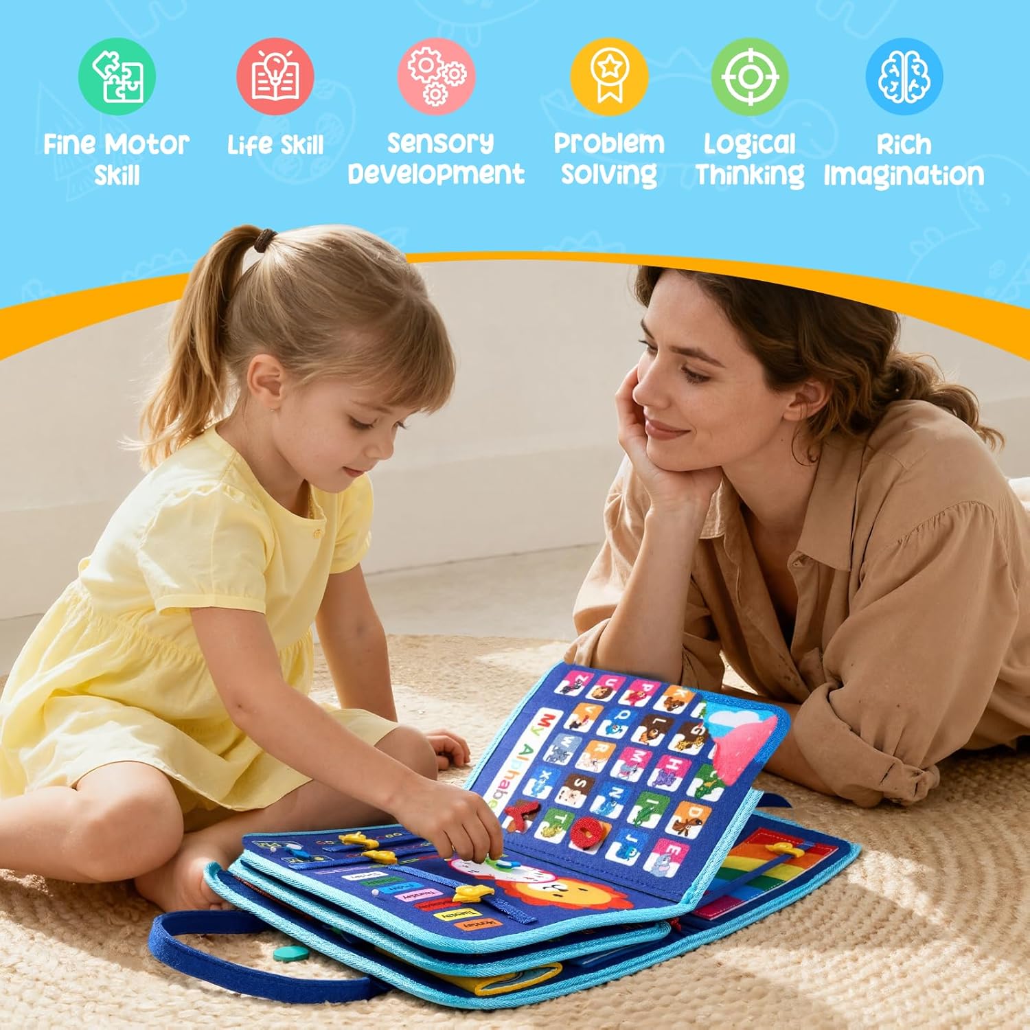 Thumbnail 6 de Warmiehomy Montessori busy board (felt activity board) with 8 play pages – blue big whale travel toy