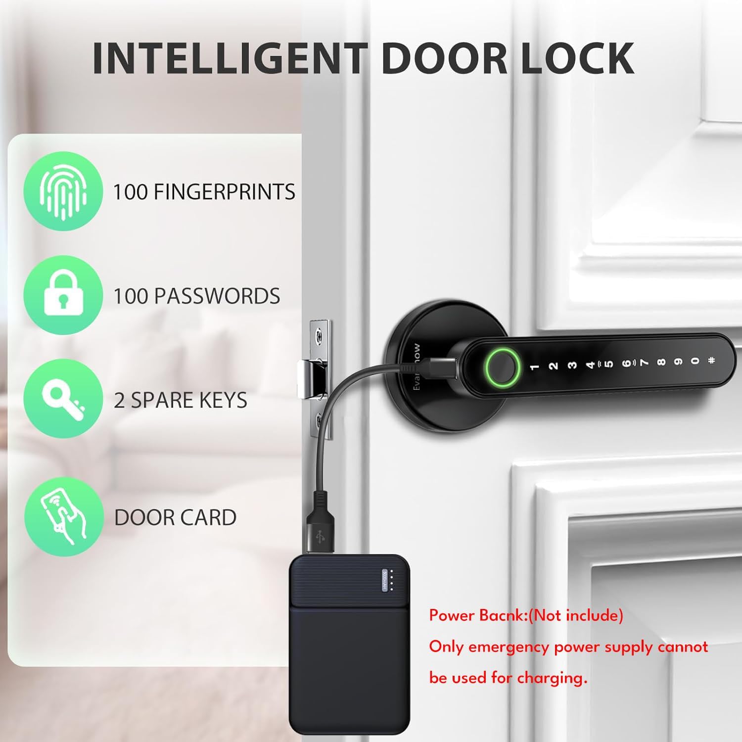 Thumbnail 4 de Evanshow Fingerprint Door Lock Biometric Door Knob with Keypad (Black) – 4-in-1 Smart Lock