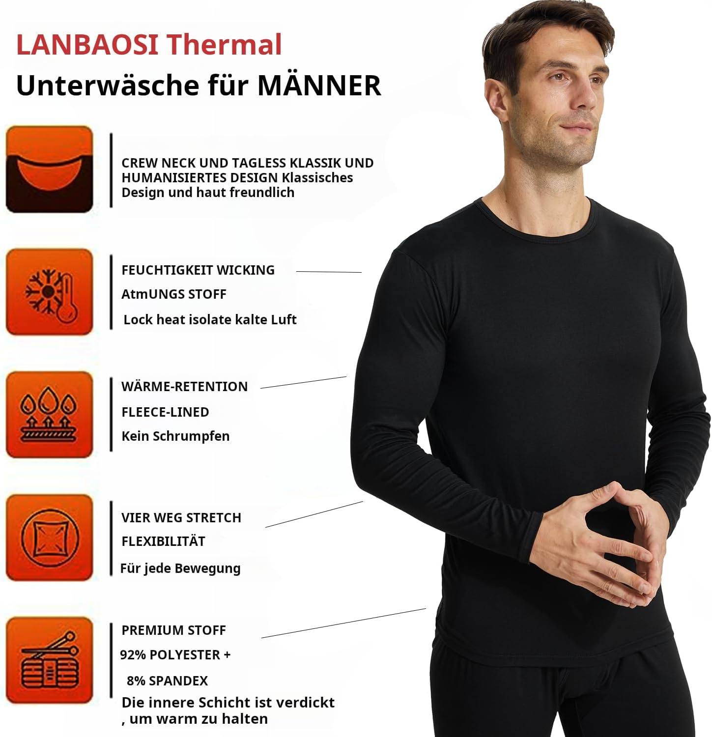 Detalle de BEGIANT Thermounterwäsche Herren Set mit Fleece-Futter – lange Unterwäsche als Baselayer für Winter