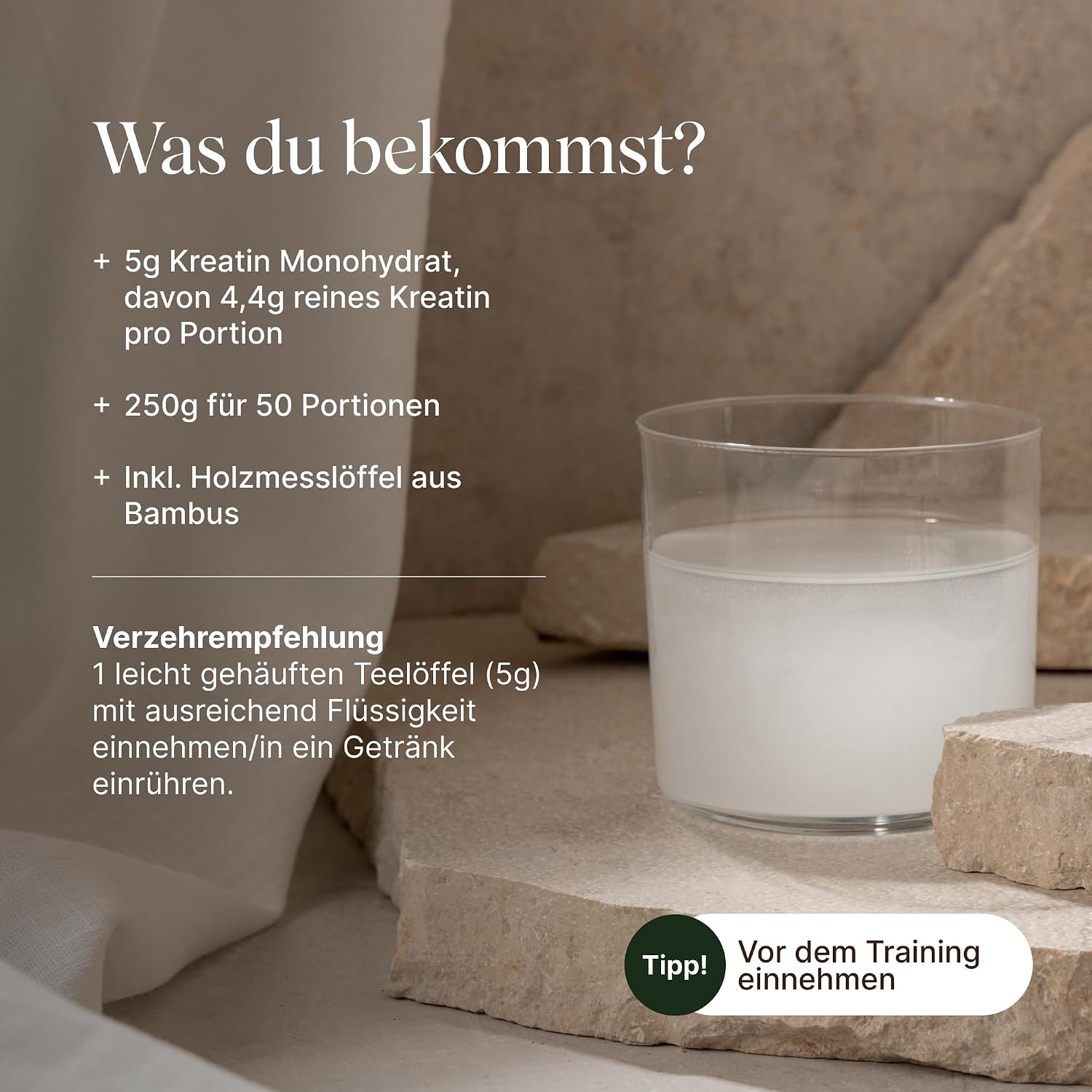 Detalle de VETAIN Creatin Monohydrat 250 g – mikrofeines Pulver, 50 Portionen, vegan & ohne unnötige Zusätze
