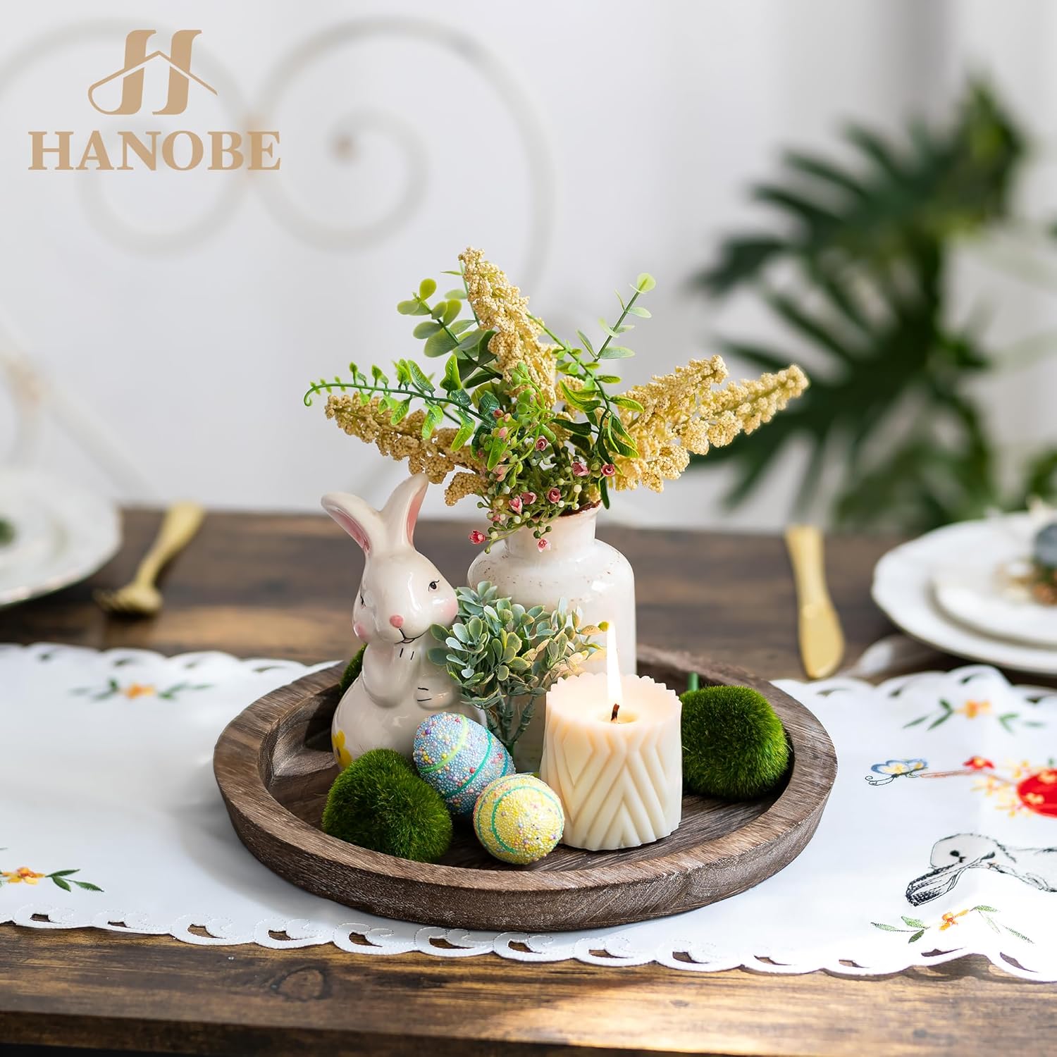 Detalle 2 de Hanobe Wooden Tray for Coffee Table Round Vintage Centerpiece